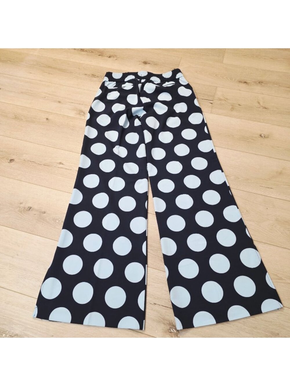 NY & Co Blue Wide Leg Trousers Pants Polka Dot Print Sz M Retro Office Chic